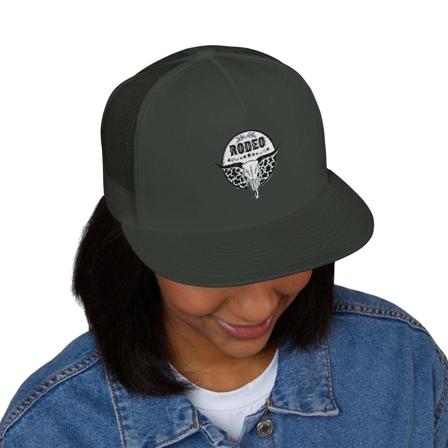 Stylish 5 Panel Trucker Cap with Unique Embroidery, Casual Hat for Everyday Wear, Perfect for Outdoor Events, Gift for Him/Her, Trendy Cap
