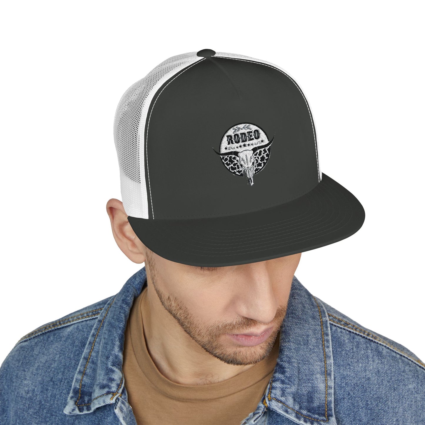 Stylish 5 Panel Trucker Cap with Unique Embroidery, Casual Hat for Everyday Wear, Perfect for Outdoor Events, Gift for Him/Her, Trendy Cap